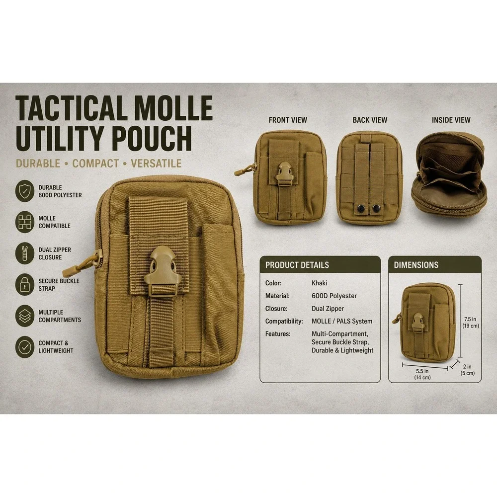 Tactical MOLLE EDC Pouch Utility Belt Waist Bag Khaki Tan Compact Hiking Gear